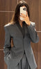 Elegant Grey V‑Neck Blazer Jacket Women Full Sleeve Waist Cinching Slim Office Suit Coats Autumn Chic Street Causal Outwear