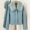 Winter Outerwear Women Cropped 100% Pure Wool Jacket Oversized Real Fox Fur Collar Zip Up Short Wool Coat Female