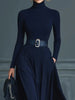 Half High Collar Knitted Long Dress For Women, Autumn Winter Long Sleeve Splicing Maxi Dress, Elegant Party Date Night Outfit