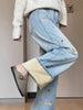 Winter Y2k Pants For Women American Embroidered Flared Jeans Thick Fleece Lined High Waist Loose Fit Denim Trousers