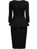 Women Vintage 2/3 Sleeve Crew Neck Zip Up Peplum Knee Length Cocktail Party Work Business Casual Sheath Bodycon Pencil Dress