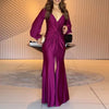 Elegant Long Sleeve Solid Dresses Women V Neck Pleated Waist Twist Detail High Split Maxi Dress Evening Prom Wedding Guest Dress