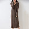 Women Pure Wool Sweater Dresses Long Sleeve Purllover 100% Merino Wool V-neck Knitwear Spring Autumn Grace Striped Dresses