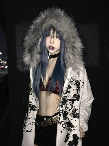 Faux Fur American Vintage Coats with Hooded Women's Y2K Sweatshirts Gothic Harajuku Subculture Punk Emo Sweatshirts and Jacket