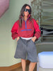 Color Block Cropped Anorak Jacket Women Stand Collar Half Zip Kangaroo Pocket Long Sleeve Jackets Autumn Casual Chic Coat