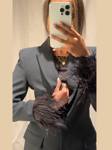 Women's Black Blazer Pants Set With Feather Cuffs Lapel Long Sleeve Button Jacket Wide Leg Pants Lady Chic Outfits