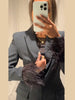 Women's Black Blazer Pants Set With Feather Cuffs Lapel Long Sleeve Button Jacket Wide Leg Pants Lady Chic Outfits