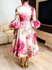 Dashiki African Dresses for Women Flower Printed Stand Collar Elegant Evening Maxi Dress Puff Sleeves Pleated Party A-Line Dress
