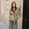 Women Cropped Trench Coat Faux Leather Spliced Epaulets Belted Waist Loose Fit Khaki Short Jacket Vintage Ladies Outerwear