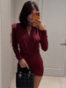 Sexy Burgundy Deep V-neck Mini Dress Women Elegant Full Sleeve Shoulder Pads Pleated Slim Short Dresses Lady Evening Party Gowns