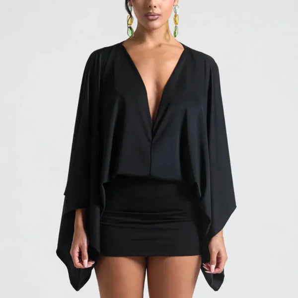 Autumn Chic Deep V-Neck Boho Dress Retro Solid Spliced Flare Sleeve Prom Dress Spring Woman Club Elegant Slim Fit Mini Dress
