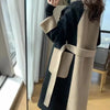 Women Autumn Winter Double-faced Polyester Blends Long Style Elegant Patchwork Woolen Overcoat High Street Slim Sashes Outerwear