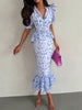 Women White Floral Print Puff Sleeve Blazer Collar Peplum Mermaid Midi Dress Elegant Casual Gown Bridesmaid Wedding Sundress