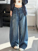 Women's High-Waisted Barrel Jeans Curved Leg Denim Contrast Stitching Vintage Wash Horseshoe Pants S-3XL