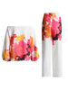 Casual Printing Two Piece Sets For Women Slash Neck Lantern Sleeve Tops High Waist Pant Loose Set Female
