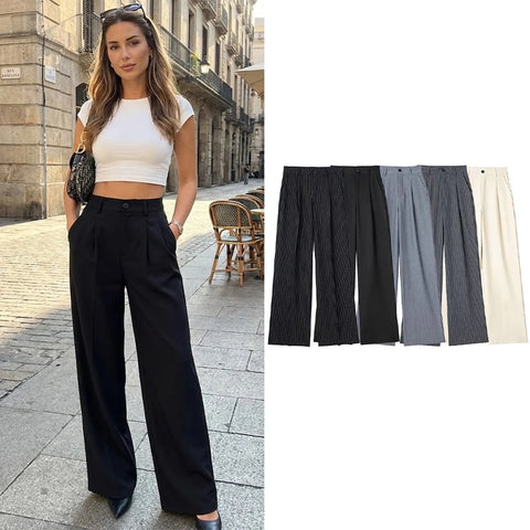 Women Solid Pleated Front Zipper Wide Leg Pants Vintage High Waist Full Length Female Chic Lady Trousers