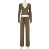 Autumn Winter Loose Pants Leisure Suit Women Flare Sleeve Crop Cardigan Top Lace-up Solid 2 Piece Set Outfit