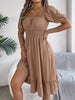 Solid Puff Sleeve Square Neck Ruched Bust Ruffle Hem Wasit Dress, Women's Clothing