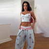 Floral Print Sweetheart Cami Crop Top Lace Up Wide Leg Pants Autumn Women Two Piece Outfit Street Ladies Casual Suit