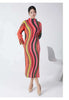 High Collar Long Sleeve Women Dresses Contrast Color Striped Pleated Slim Mid-Calf Elegant Clothing 2DC1022