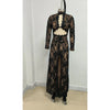 Sexy Long Sleeve Lace Patchwork Hollow Out Long Dress Women Black O Neck Cut Out Split Slim Dresses Runway Evening Party Gowns