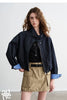 Women Slub Cotton Jackets Spring Cropped Tulip Silhouette Striped Cuff - Turn Up Stand Collar Tops