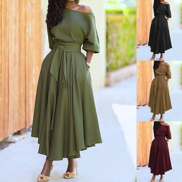 Women's S-2XL Size Slanted Shoulder Collar Tie Waist Style Solid Color Dress Leopard print maxi dresses for women