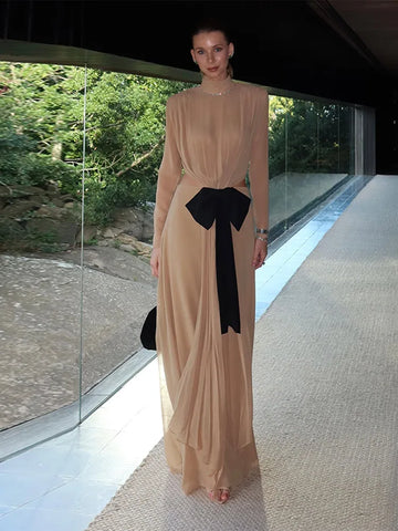 High Neck Cutout Bow Women Maxi Dress Sheer Chiffon Long Sleeve Formal Evening Gown Elegant Floor Length Party Dress