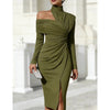 Women's White Off Shoulder Asymmetric Bodycon Dresses Autumn High Collar Cutout Long Sleeve Ruched Slit Slim Midi Dress