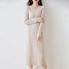Women Pure Wool Sweater Dresses Long Sleeve Purllover 100% Merino Wool V-neck Knitwear Spring Autumn Grace Striped Dresses