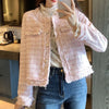 French White Tweed Crop Jacket for Women Autumn Elegant Slimming Decor Button Coat Woman Round Neck Long Sleeve Outerwear