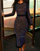 Sequin Round Neck Women Dress Striped Solid Splice Party Tight High Waist Casual Sexy Hip Wrap Long Sheath Dresses