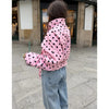 Pink Polka Dot Cropped Jackets Lady Casual High Neck Double Breasted Lace Up Short Coats Spring Women Daily Street Outwear
