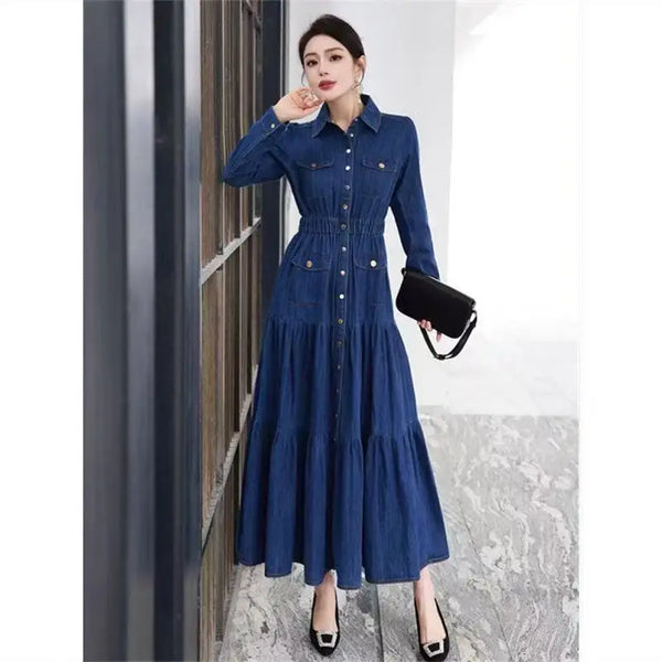 French Heavy-duty shirt collar long-sleeve denim dress for women, spring commute casual elegant waist Vestidos