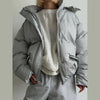 Women Vertical Striped 2‑Piece Winter Outfit Detachable Hood Puffer Jacket Drawstring Baggy Snow Pants Warm Matching Sets