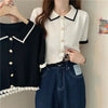 Women's Stylish Clothing Knitting Button Short Tops Tees Patchwork Striped Jacket Girls Y2k Clothing Korean Sweater Short Shirt