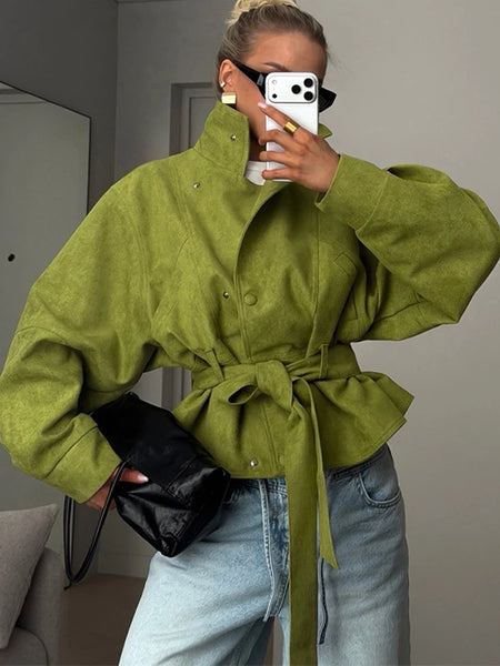 Oversized Tie-Waist Cropped Trench Coat Drop Shoulder Autumn Women Modern Edgy Outerwear Chic Lady Streetwear Coat