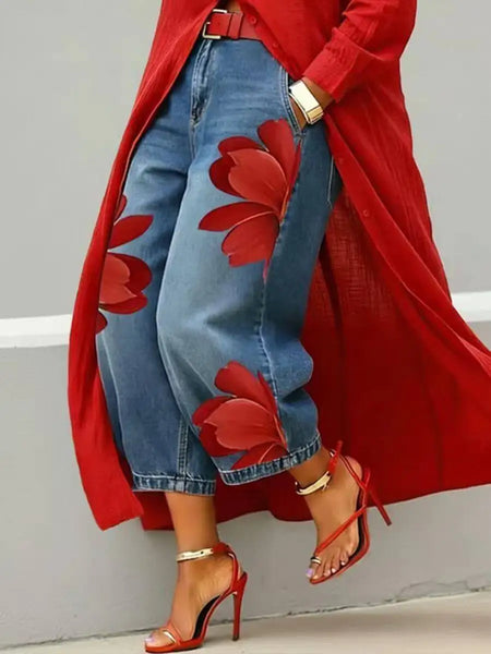 Women's Casual Floral Print Loose Jeans High Waist Cropped Wide Leg Denim Pants Chic Daily Street Plus Size Trousers