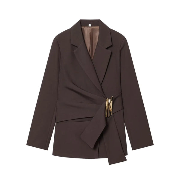 Women Suit Pants Two-Piece Set Buckle Decoration Long Sleeve Blazer Coat + Straight-Leg Pants 2 Pieces Sets Chic Woman Outfits