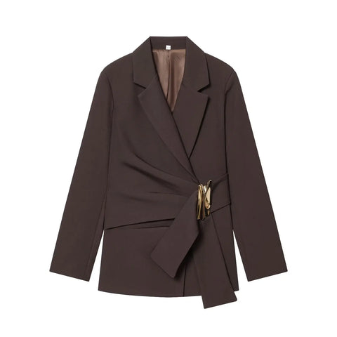 Women Suit Pants Two-Piece Set Buckle Decoration Long Sleeve Blazer Coat + Straight-Leg Pants 2 Pieces Sets Chic Woman Outfits