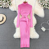 Turtleneck Sexy Wrap Hips Knitted Dresses Women Autumn Winter Long Sleeve Bodycon Sweater Dress with Belt