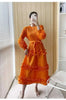 Elegant Women Pleated Dress O Neck 3D Floral Long Sleeves Fungus Spliced Design A-line Dresses Party 2AA1375
