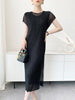 White Textured Pleated Women's Dress Raglan Sleeve Round Neck Side Slit Casual Formal Sheer Dresses Spring