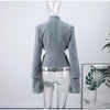 Sexy Deep V-neck Woolen Jackets Women's Hollow Up Waist Split Flare Long Sleeves Metal Buckle Coat High Street Jacket