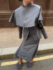 Light Blue Cape 3 Piece Outfit Women Solid Slim Blouse Asymmetrical Hem Midi Skirt Lady Formal Office Matching Set