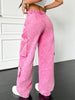 Pink Cotton Women's Wide-Leg Loose-Fitting Jeans, Multi-Pocket Y2K Style Pink Jeans
