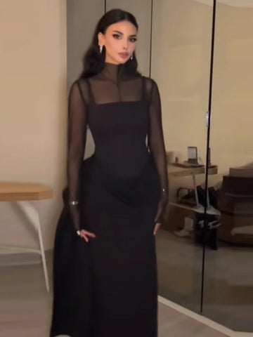 Woman Sexy Black See-through Gowns Elegant High Neck Full Sleeve Mesh Splice Dress Outfit Chic Party Evening Vestido