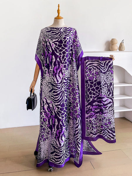 Dubai Mixed Animal Print Abaya With Matching Scarf, Boat Neck Batwing Sleeve Loose Maxi Kaftan Dress For African Muslim Women