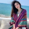 Ethnic Style Cape Oversized Sweater Jacket Women Loose Patchwork Warm Long Scarf Knitted Cardigan Woman