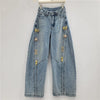 Chic Y2K Style Metal Decoration Washed Blue Women's Stacked Jeans Pants For Woman Clothing Wide Leg Vintage Denim Trouserso